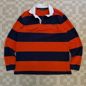 Polo Ralph Lauren Kanye Rugby Shirt Mens Large Orange Navy Striped Long Sleeve
